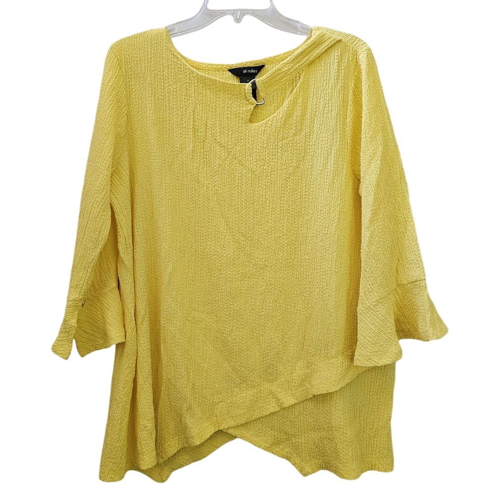 Ali Miles Women M Yellow Gauze Asymmetrical Tunic Bell 3/4 Sleeve Boho Lagenlook